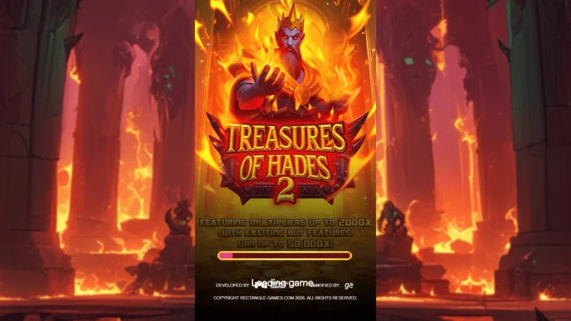 Treasures of Hades 2 — loading screen of the Rectangle Games slot in a mythological underworld setting